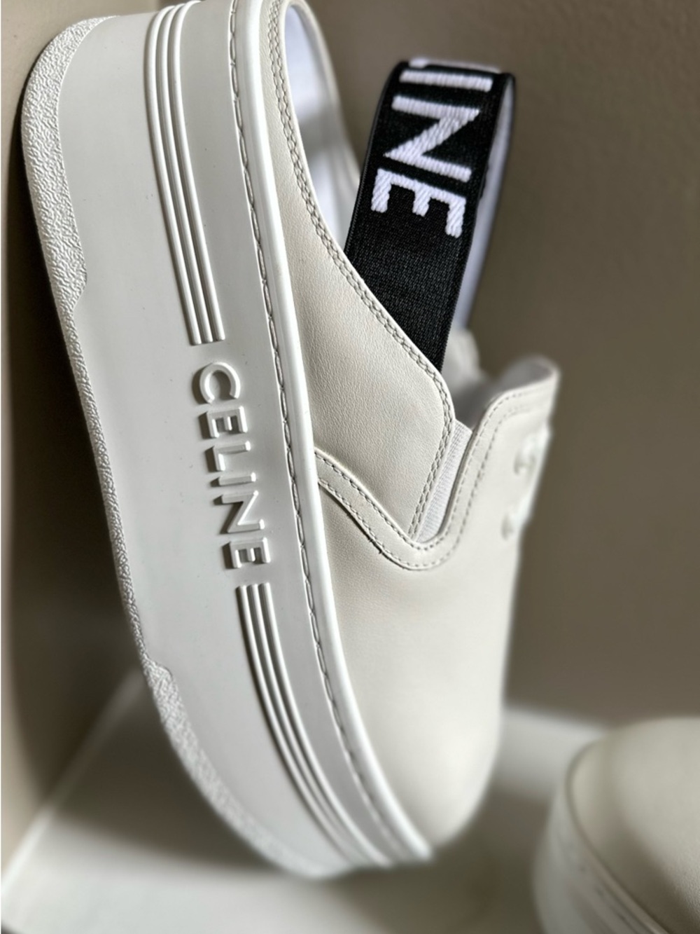Celine White Leather Platform Slip-On with Black Logo Heel Strap - Picture 7 of 14